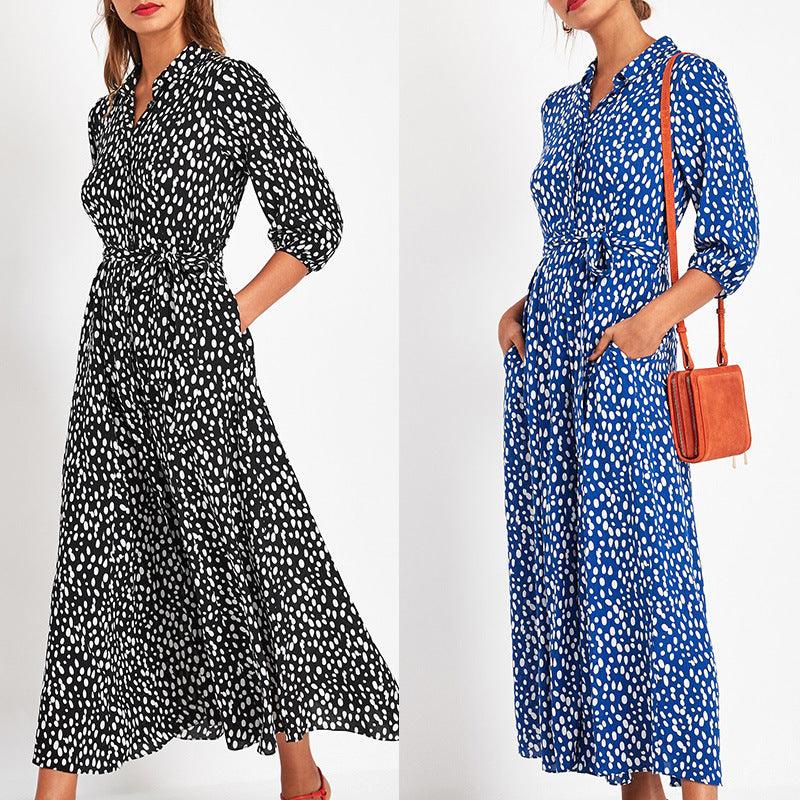 Ladies Chiffon Dress with Printed Long Sleeves and Pockets